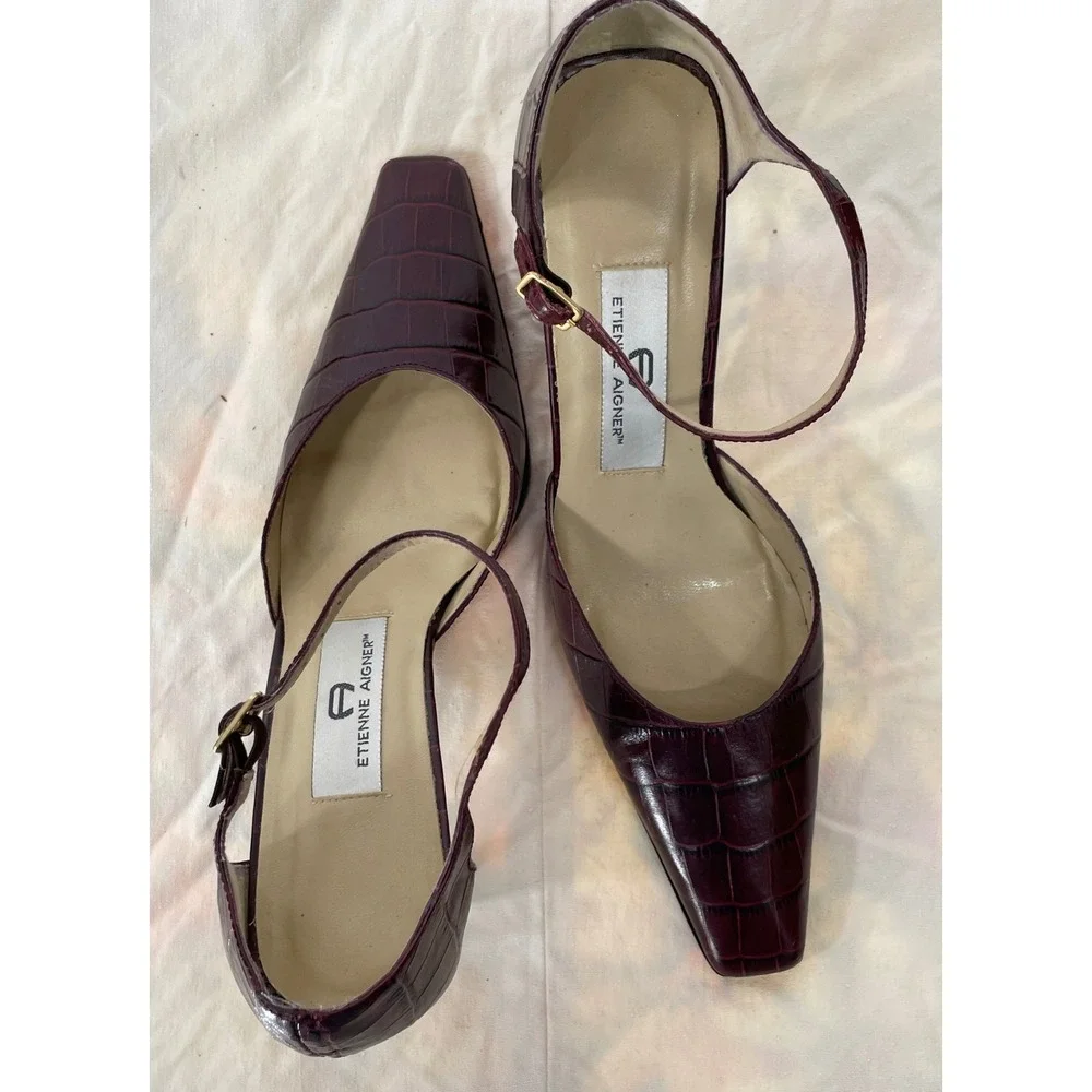 Etienne Aigner Womens Pumps 10 Heels Burgundy Croc Embossed Leather Pointed Toe